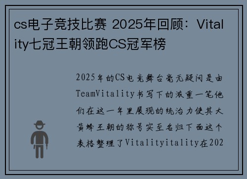 cs电子竞技比赛 2025年回顾：Vitality七冠王朝领跑CS冠军榜