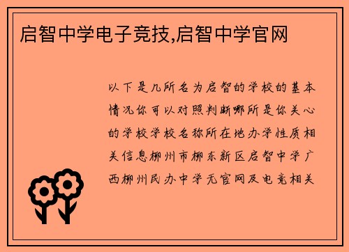 启智中学电子竞技,启智中学官网